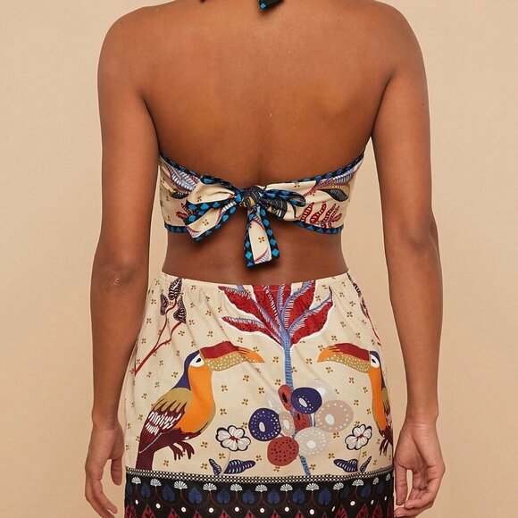 Multicolor Boho Women's Vacation Floral Print Short Halter Neck Casual Dress - Picture 3 of 5